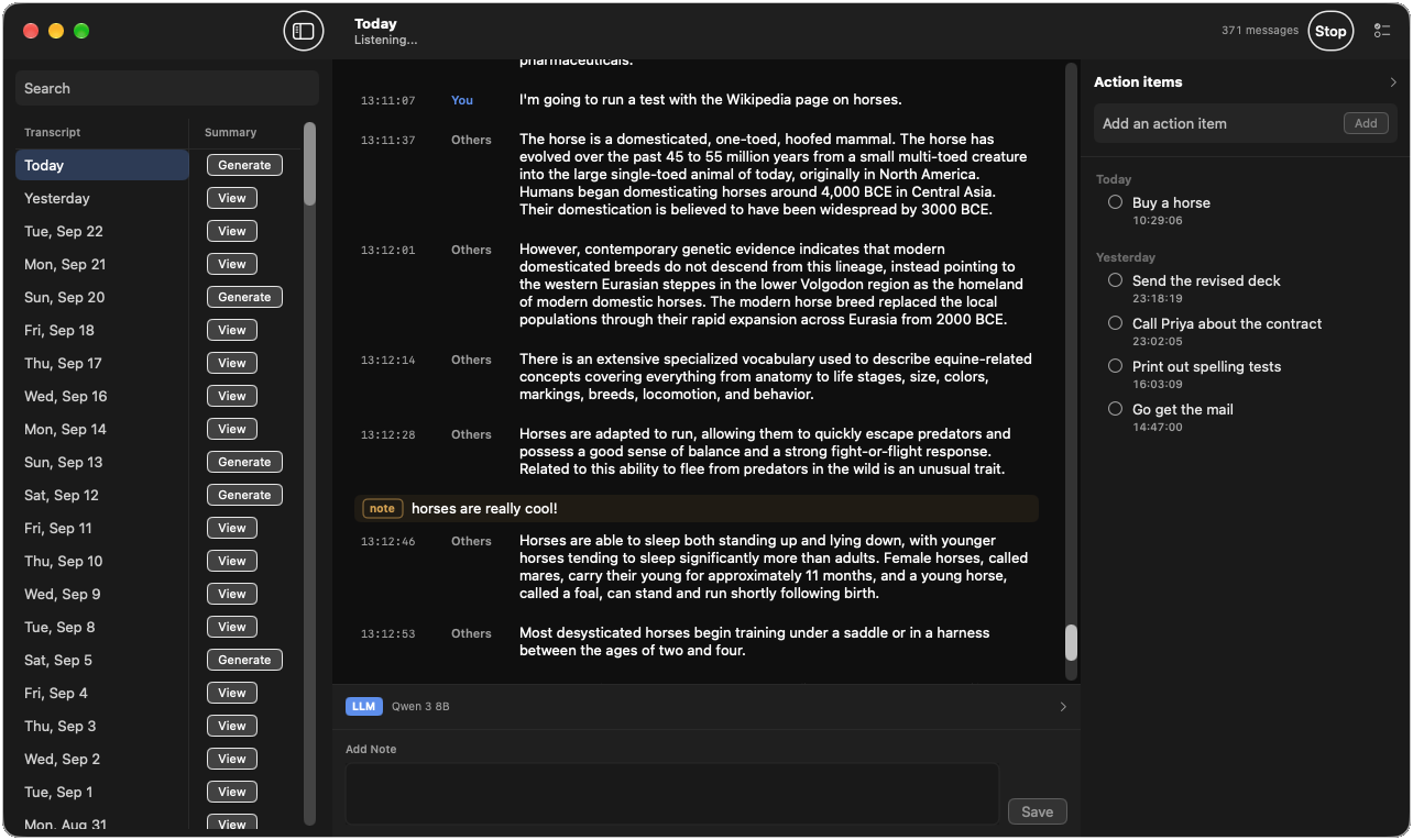 Stenojot showing a day's transcript, a note between lines, action items, and the note composer.